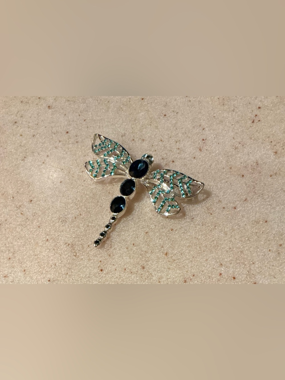 Silver Dragonfly Brooch with Teal and Blue Accents